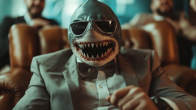 A humorous and surreal depiction of a man in a suit and sunglasses wearing a shark mask, sitting confidently in a luxurious setting, blending boldness and charm.