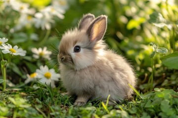 Cute fluffy rabbit sitting in a meadow surrounded by wildflowers on a sunny afternoon