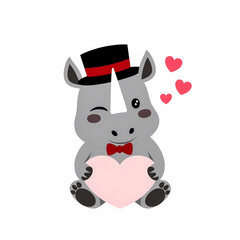Obraz premium charming grey rhinoceros wearing a top hat and bow tie sits holding a pink heart.