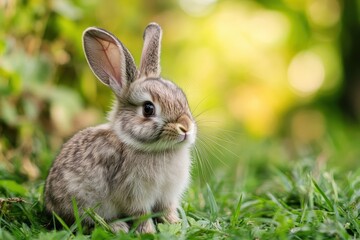 Fototapeta premium Cute rabbit sitting in lush green grass during a sunny afternoon in a tranquil garden setting