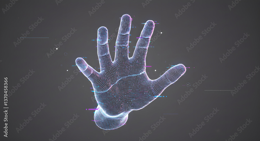 Poster wireframe hand with futuristic glitch effect as virtual data representation. abstract technology con