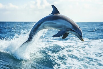 Naklejka premium Dolphin leaps gracefully above ocean waves in bright sunlight near a tropical shoreline