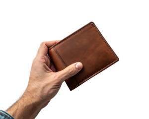 A hand holding a brown leather wallet against a black background in a studio lighting setup 