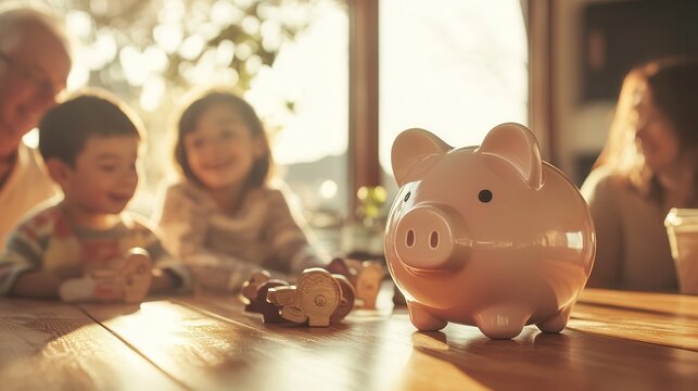 Piggy bank on table with grandparents and kids playing nearby, morning sun, playful tone with finance awareness