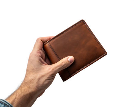 A hand holding a brown leather wallet against a black background in a studio lighting setup 