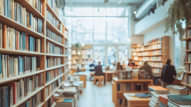 Blurred Scandinavian-style bookstore with readers in the background