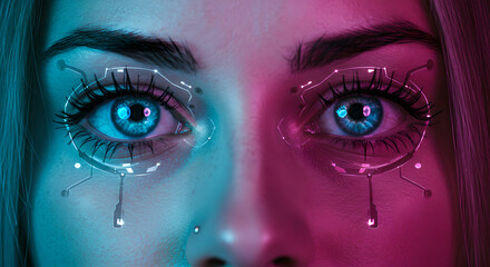 Woman with futuristic hologram glasses. Cybersecurity expert using vr interface. Digital eye overlay concept for ai artificial intelligence and cyberspace usage.