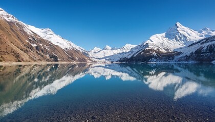 Naklejka premium A pristine alpine lake reflecting the snow-capped mountains and clear blue sky