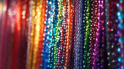 Colorful beaded strands hanging with vibrant hues and bokeh effects