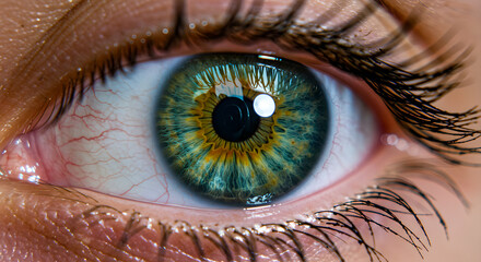 Fototapeta premium Macro closeup of woman's captivating eye with colorful iris. Intricate details showcasing beauty and unique human eyesight, medical illustration, health vision care
