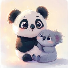 Obraz premium Cute panda and koala cuddling. Soft, adorable animals. Warm, gentle artwork