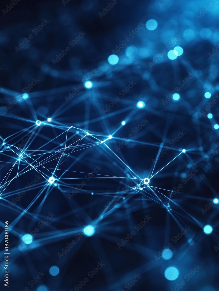 Poster Futuristic digital network showcasing financial transactions with glowing nodes in a dark blue gradient