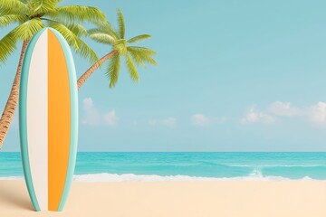 Retro Surfboard with Orange, Teal, and White Stripes on Golden Sand, Palm Trees, Turquoise Waves, Tropical Beach Scene, Clear Blue Sky, Warm Sun Glow, Summer Vacation Vibes