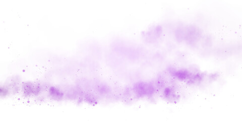 Magic purple smoke with glitter and small particles of twinkling stars. Fog with luminous particles. Purple vapor with stardust. Morning fog over land or water surface, magic haze. Fog or smoke. PNG.