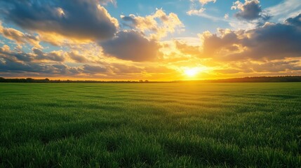 Obraz premium Lush grass sways gently under a colorful sky, where the setting sun and scattered clouds create a peaceful, golden-hour moment.