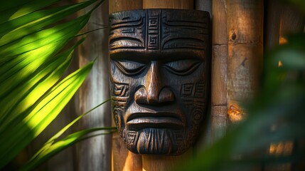 A carved wooden mask with bold features hangs proudly, echoing Hawaiian mythology and tradition.

