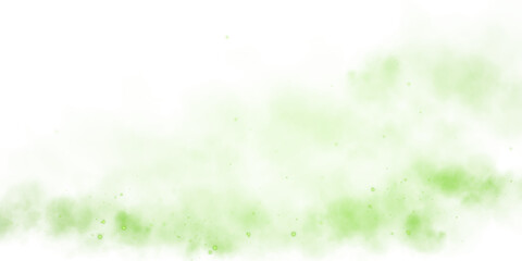 Magic green smoke with glitter and small particles of twinkling stars. Fog with luminous particles. Green vapor with stardust. Morning fog over land or water surface, magic haze. Fog or smoke. PNG.