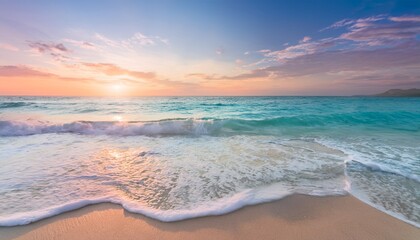 Obraz premium y A seascape with gentle waves lapping against a white sandy beach, under a pastel-colored sun