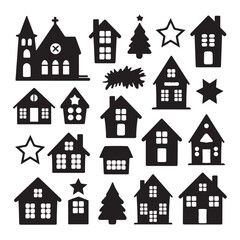  Christmas Themed Houses, Stars, and Trees in Black Silhouette Style for Holiday Decorations