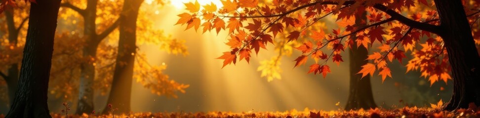 Fototapeta premium Golden sunlight filters through alder leaves, soft autumn background , shadow, forest