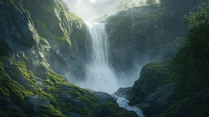Serene waterfall cascading through mossy rocks in a peaceful forest landscape
