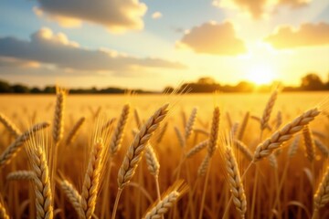 Naklejka premium Sunlit ripe wheat waves, aged sky backdrop, harvest theme , harvest, landscape