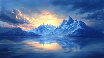 Obraz premium Majestic, sharp mountain peaks reflecting in deep cerulean waters under an enchanting, glowing sky