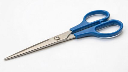 A classic office scissors with blue plastic handles and stainless steel blades, on a white background