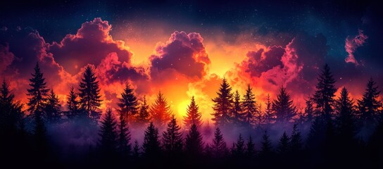 Obraz premium Fiery sunset over a silhouetted forest, dramatic cloudscape.