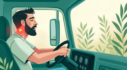 man experiencing neck pain while driving a truck