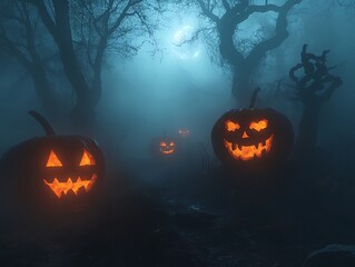 Glowing Pumpkins in Spooky Forest at Night Halloween Celebration