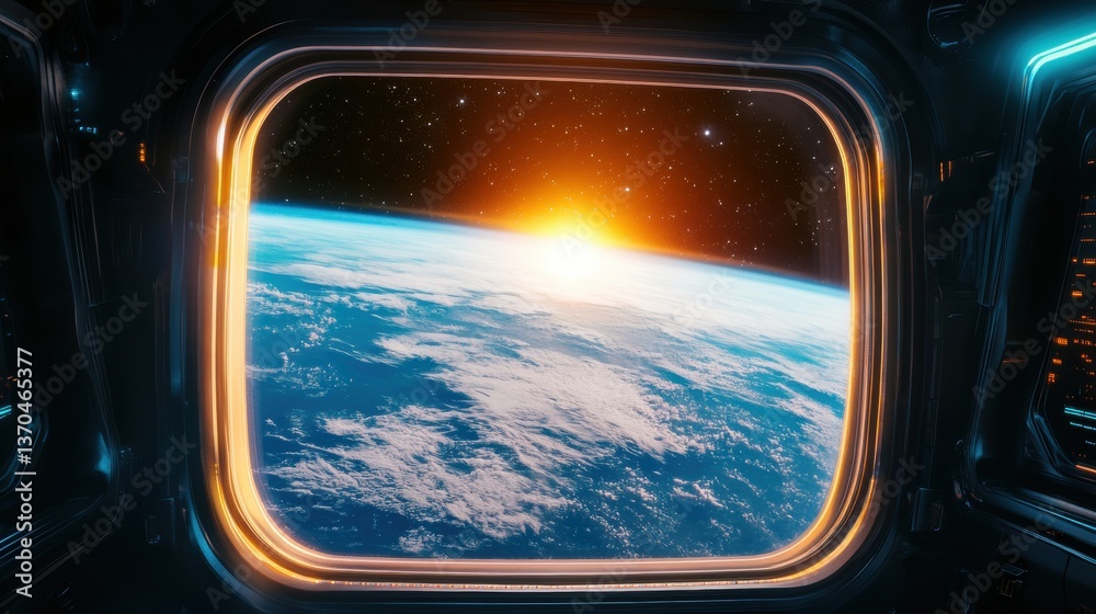 Poster Breathtaking view of a vibrant exoplanet through a futuristic shuttle window at dawn in deep space