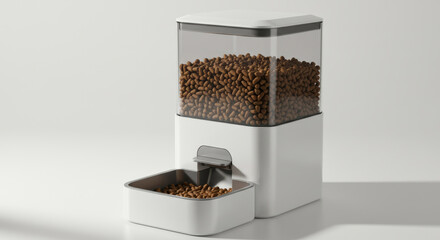 Minimalist automatic pet feeder on a clean white background for modern pet care
