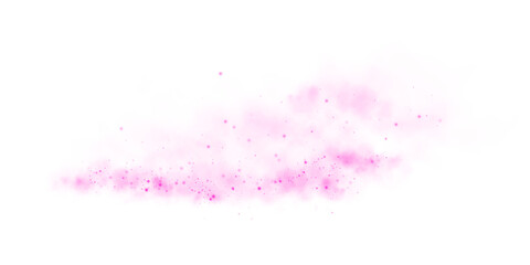 Magic pink smoke with glitter and small particles of twinkling stars. Fog with luminous particles. Pink vapor with stardust. Morning fog over land or water surface, magic haze. Fog or smoke. PNG.