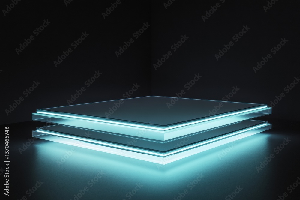 Fototapete Futuristic luminous platform with stacked transparent glass panels casting a soft blue glow in a dark, minimalist setting creating an illusion of floating