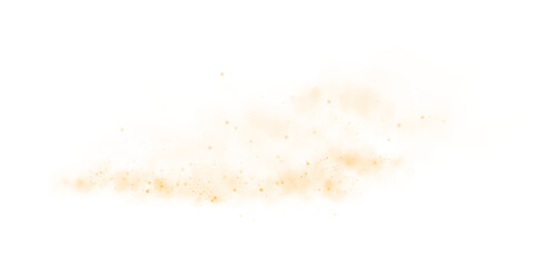 Magic yellow smoke with glitter and small particles of twinkling stars. Fog with luminous particles. Yellow vapor with stardust. Morning fog over land or water surface, magic haze. Fog or smoke. PNG.