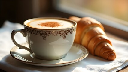 Hot coffee with cinnamon in a vintage cup with a croissant, holiday breakast by the window