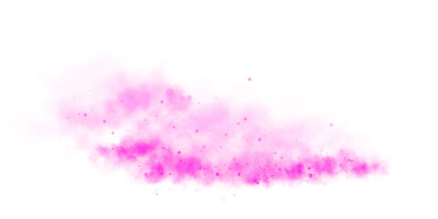 Magic pink smoke with glitter and small particles of twinkling stars. Fog with luminous particles. Pink vapor with stardust. Morning fog over land or water surface, magic haze. Fog or smoke. PNG.