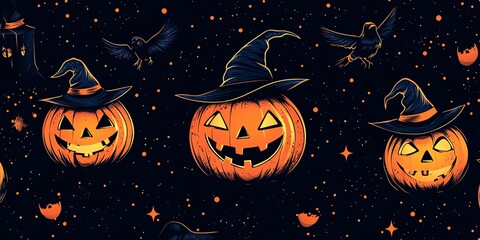 Jack o' Lanterns and Flying Birds with Stars on Dark Backdrop