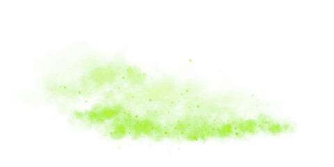 Magic green smoke with glitter and small particles of twinkling stars. Fog with luminous particles. Green vapor with stardust. Morning fog over land or water surface, magic haze. Fog or smoke. PNG.