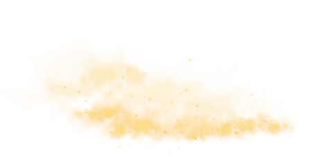 Magic yellow smoke with glitter and small particles of twinkling stars. Fog with luminous particles. Yellow vapor with stardust. Morning fog over land or water surface, magic haze. Fog or smoke. PNG.
