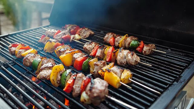 Grilling skewers with meat and colorful vegetables on a summer afternoon in a backyard setup