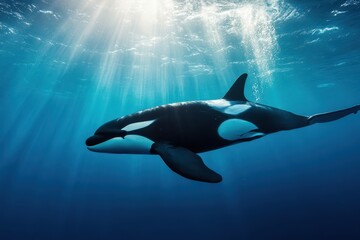 Obraz premium Majestic orca swims gracefully through clear blue ocean waters in search of food during bright daylight