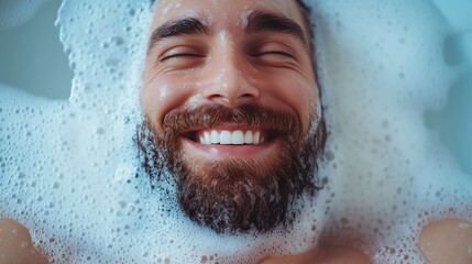 Closeup of a cheerful, bearded face peeking through foam, embracing a soothing wellness routine.

