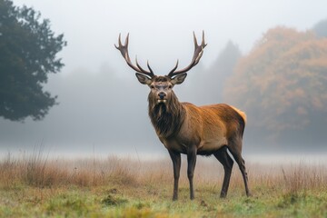 Majestic stag stands tall in a misty forest at dawn, showcasing its impressive antlers amidst serene nature