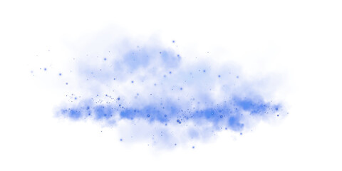 Magic blue smoke with glitter and small particles of twinkling stars. Fog with luminous particles. Blue vapor with stardust. Morning fog over land or water surface, magic haze. PNG.