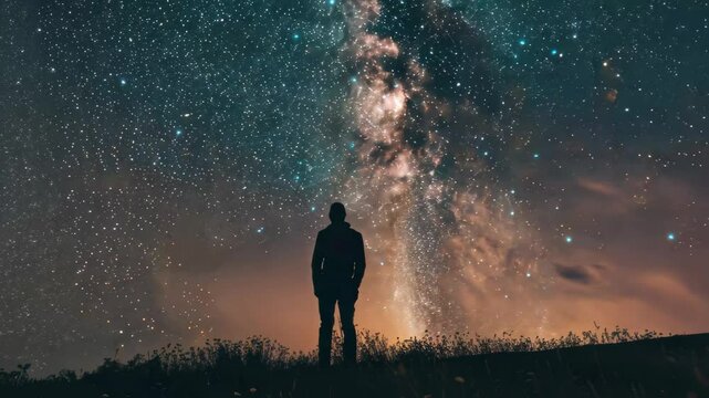 A person is silhouetted against a stunning night sky filled with stars and the vibrant Milky Way, illustrating a moment of wonder and connection to the universe.