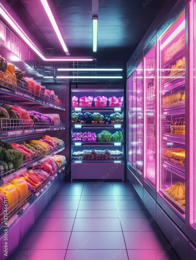 Aufkleber futuristic grocery store designed by ai robots with sleek metallic visuals and neon glowing shelves 