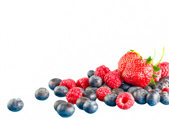blueberries and raspberries, Fresh fruits, berries family, strawberries, raspberries, blueberries on a white background