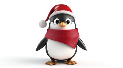 Fototapeta premium 3D Cartoon Penguin with Shawl and Santa Hat